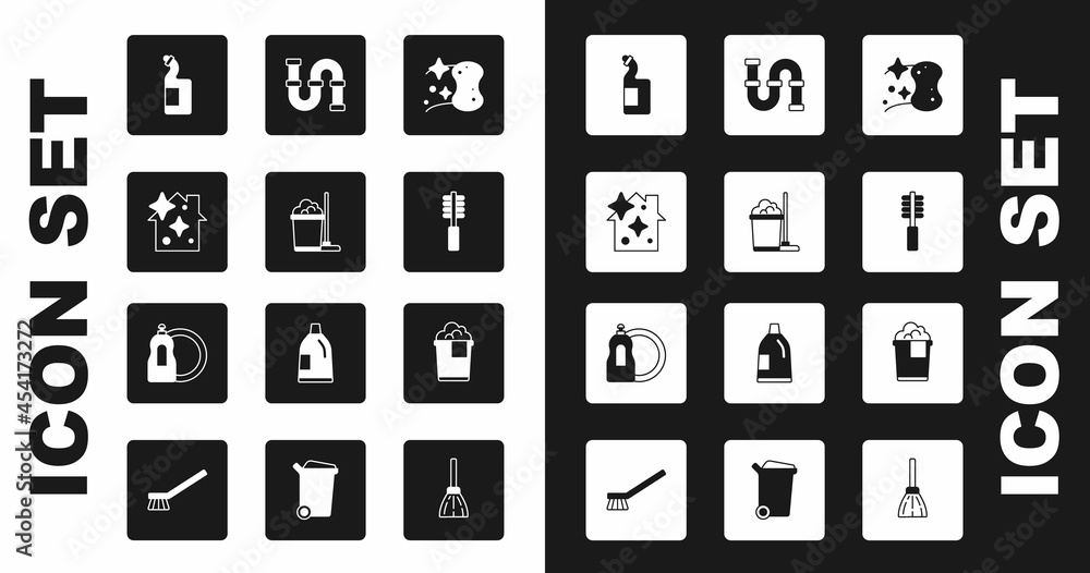 Set Sponge, Mop and bucket, Home cleaning service, Dishwashing liquid bottle, Toilet brush, Industry metallic pipe, Bucket with foam and icon. Vector Set Sponge, Mop and bucket, Home cleaning service, Dishwashing liquid bottle, Toilet brush, Industry metallic pipe, Bucket with foam and icon. Vector