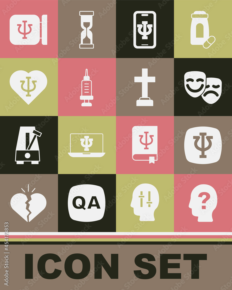 Set Head with question mark, Psychology, Psi, Comedy and tragedy masks, Psychologist online, Addiction to the drug, and Graves funeral sorrow icon. Vector Set Head with question mark, Psychology, Psi, Comedy and tragedy masks, Psychologist online, Addiction to the drug, and Graves funeral sorrow icon. Vector