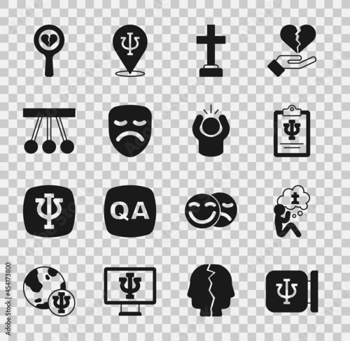 Set Psychology, Psi, Man graves funeral sorrow, Graves, Drama theatrical mask, Pendulum, Broken heart divorce and Anger icon. Vector