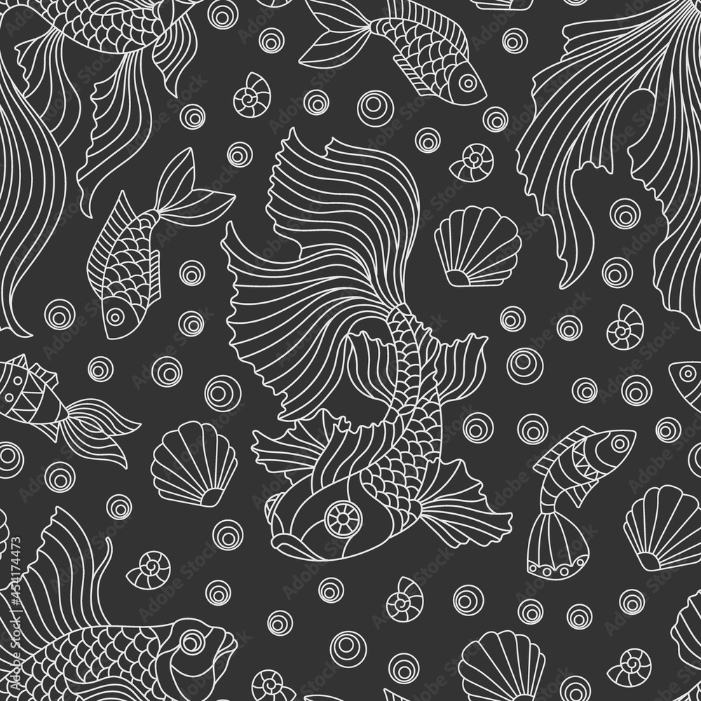 Seamless pattern on a marine theme with light contour fishes and shells, outline fishes on a dark background Seamless pattern on a marine theme with light contour fishes and shells, outline fishes on a dark background