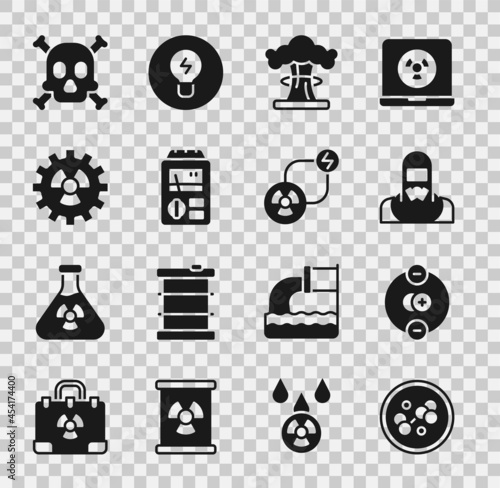 Set Molecule, Atom, Nuclear reactor worker, explosion, Dosimeter, Radioactive, Bones and skull warning and exchange energy icon. Vector