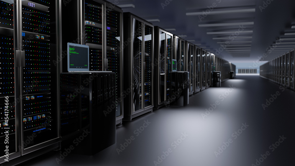Rackmount LED console in server room data center. Server. Room servers data center. Backup, mining, hosting, mainframe, farm and computer rack with storage information. 3d render Rackmount LED console in server room data center. Server. Room servers data center. Backup, mining, hosting, mainframe, farm and computer rack with storage information. 3d render
