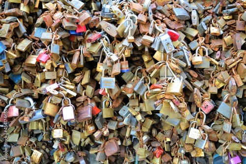 Pécs, Hungary, 19/09/2020: Closeup of lot of padlocks dedicated to love