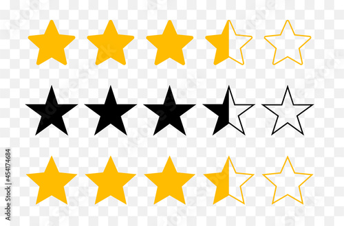 Star icon. Five stars rating icon vector. Yellow and black five stars isolated on transparent background.