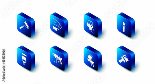 Set Color palette guide, Car painting, Paint brush, spray gun, Tube with and roller icon. Vector