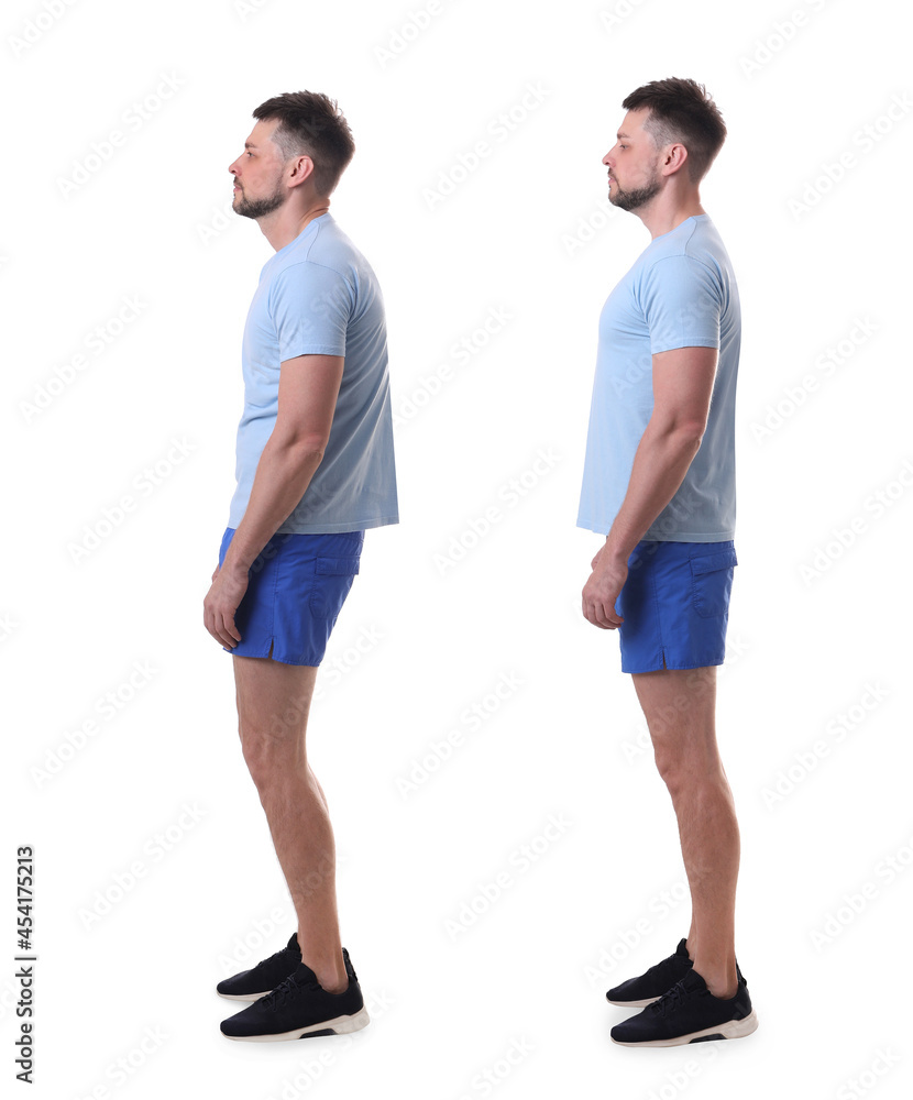 Collage with photos of man with poor and good posture on white background Collage with photos of man with poor and good posture on white background