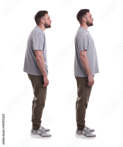 Collage with photos of young man with poor and good posture on white background