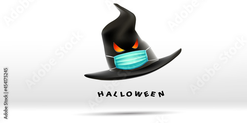 Happy Halloween greeting card design. Witch hat wearing face mask protecting from coronavirus or COVID-19