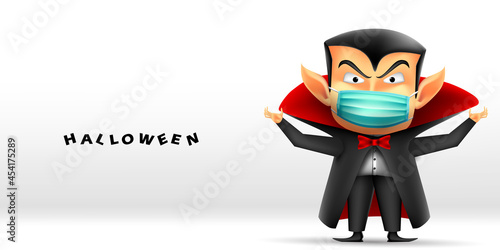 Happy Halloween greeting card design. Vampire dracula wearing face mask protecting from coronavirus or COVID-19