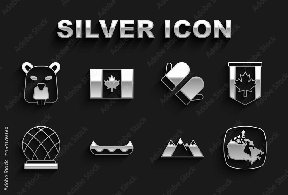 Set Kayak, Pennant flag of Canada, map, Mountains, Montreal Biosphere, Christmas mitten, Beaver animal and Flag icon. Vector Set Kayak, Pennant flag of Canada, map, Mountains, Montreal Biosphere, Christmas mitten, Beaver animal and Flag icon. Vector