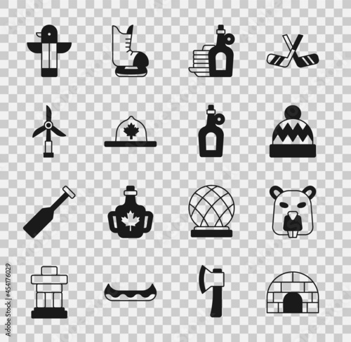 Set Igloo ice house, Beaver animal, Beanie hat, Syrup with pancakes, Canadian ranger, Wind turbine, totem pole and Bottle of maple syrup icon. Vector
