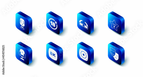 Set Plus 18 movie, 3D cinema glasses, Walk of fame star, Comedy and tragedy masks, Stereo speaker, 8k Ultra HD, Director chair and Microphone icon. Vector