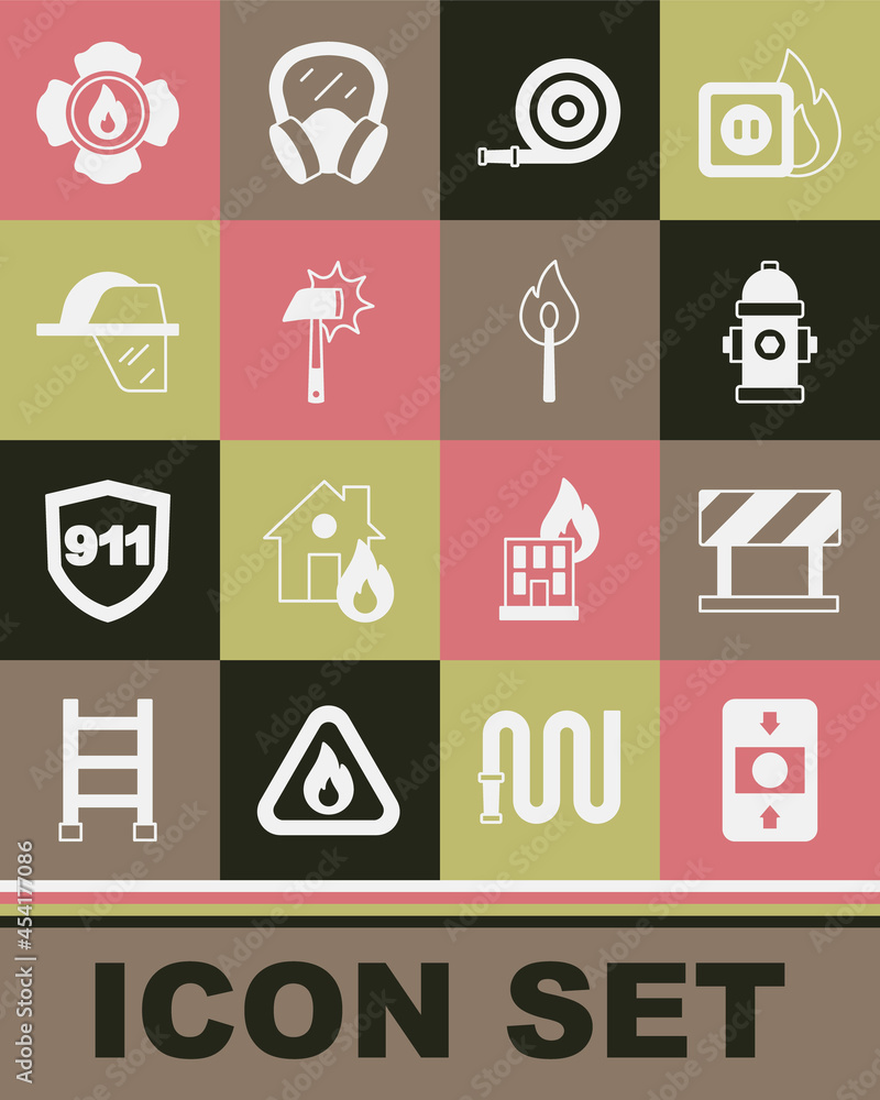 Set Fire alarm system, Road barrier, hydrant, hose reel, Firefighter axe, helmet, and Burning match with fire icon. Vector Set Fire alarm system, Road barrier, hydrant, hose reel, Firefighter axe, helmet, and Burning match with fire icon. Vector