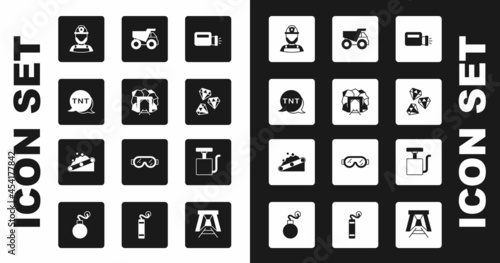 Set Flashlight, Mine entrance, Dynamite, Miner helmet, Gem stone, Mining dump truck, Handle detonator and Conveyor belt carrying coal icon. Vector