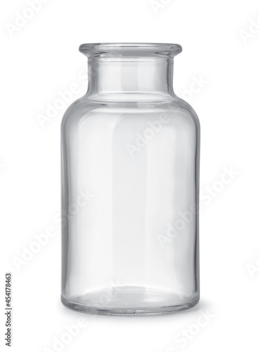 Open empty glass wide neck medicine bottle photo