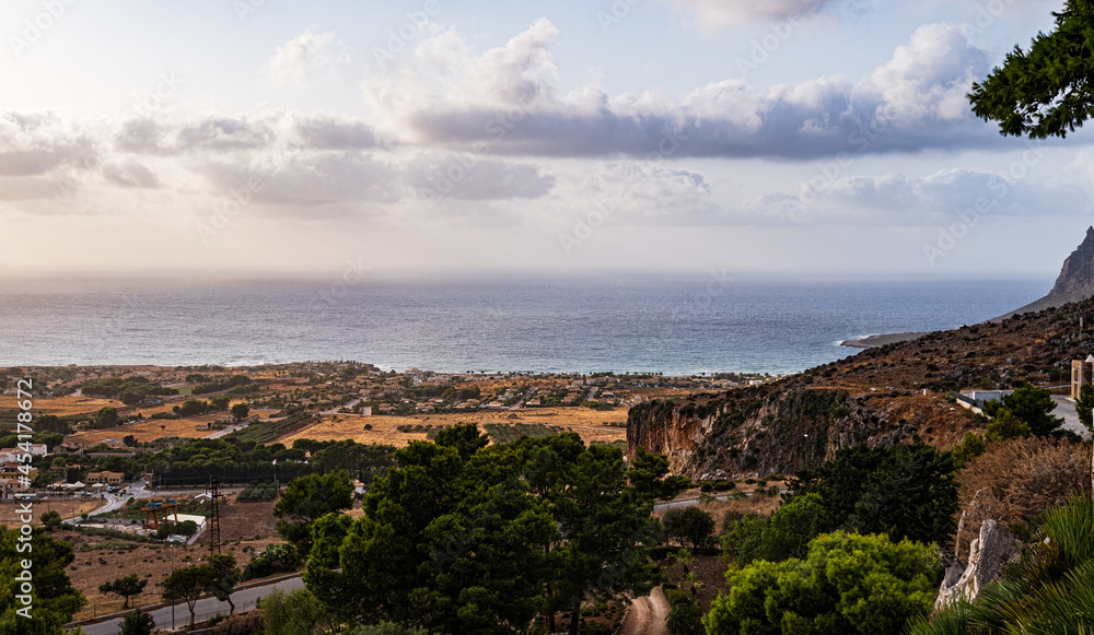 Top view of Cornino, Custonaci, Sicily, Italy. Town with sea. Panorama