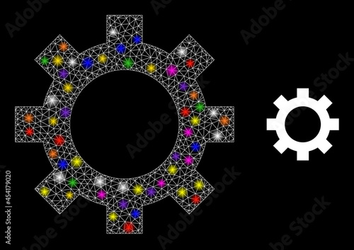 Glossy mesh cog constellation icon with lightspots. Illuminated vector model based on cog picture. Sparkle carcass mesh cog on a black background. Wire carcass flat mesh in vector format.