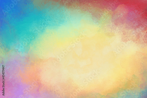 Colorful watercolor background of abstract sunset sky with puffy clouds in bright rainbow colors of pink blue yellow orange red and purple
