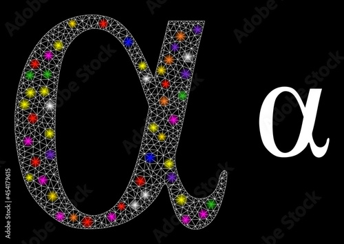 Flare mesh Alpha Greek lowercase letter constellation icon with light spots. Illuminated vector model based on Alpha Greek lowercase letter icon.