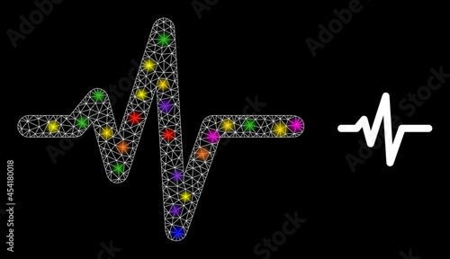 Flare network pulse glare icon with light spots. Illuminated vector model based on pulse picture. Sparkle carcass mesh pulse on a black background. Wire carcass 2D network in vector format.