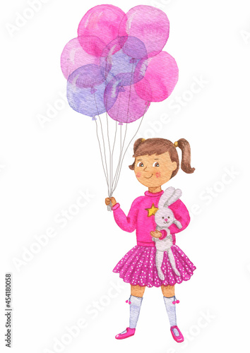 little girl with balloons and toy