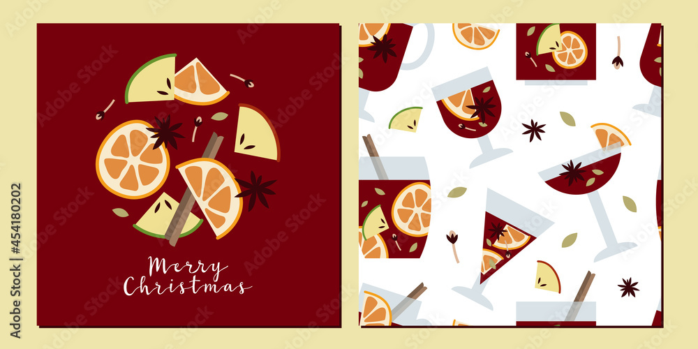 Christmas mulled red wine, citrus fruit, apple, cinnamon, clove, cardamom, anise. Sangria. Fall, winter hot drink in glass. Traditional xmas beverage. Vector seamless pattern flat cartoon illustration