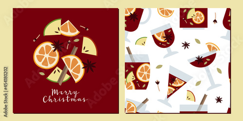 Christmas mulled red wine, citrus fruit, apple, cinnamon, clove, cardamom, anise. Sangria. Fall, winter hot drink in glass. Traditional xmas beverage. Vector seamless pattern flat cartoon illustration