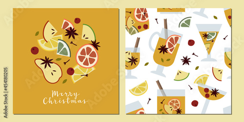 Christmas mulled white wine  citrus fruit  apple  cinnamon  clove  cardamom  anise. Autumn  winter hot drink in glass. Sangria  cider. Traditional xmas beverage. Vector flat cartoon seamless pattern