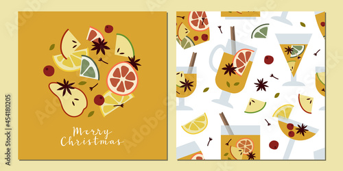 Christmas mulled white wine, citrus fruit, apple, cinnamon, clove, cardamom, anise. Autumn, winter hot drink in glass. Sangria, cider. Traditional xmas beverage. Vector flat cartoon seamless pattern