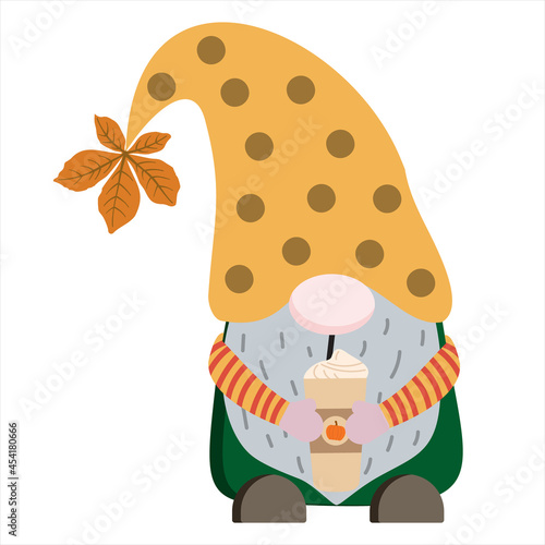 Cartoon vector gnome illustration in fall colors with pumpkin spice latte cup with cream. Isolated on white background.
