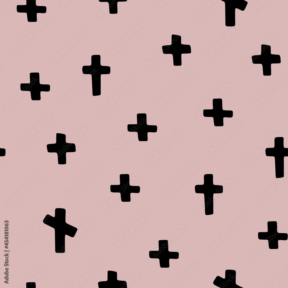 Halloween seamless vector pattern with crosses. Trendy festive background for Halloween party and holidays. Creepy cartoon backdrop. Flat style. Spooky vector illustration