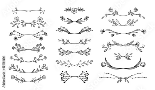 Floral dividers collection, hand drawn border lines with leaves and flowers. Vector vintage decorative elements for books, greeting cards, invitations, web 