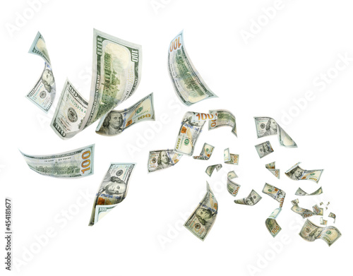 Many American dollars on white background. Flying money photo