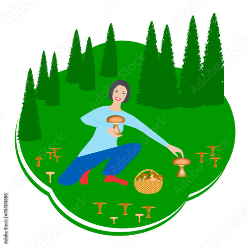 Forest glade. Charming lady is picking mushrooms - isolated on white background. Autumn season.