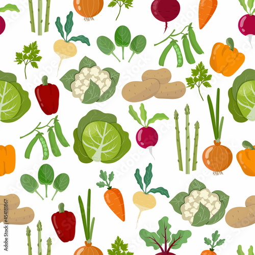 Seamless pattern with vegetables, set vegan food. Set of homegrown plants. Vector illustration