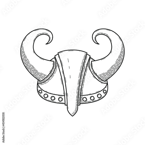 Abstract Hand Drawn Knight Helmet With Horns Hat Clothing For Man And Woman Doodle Headdress Wear Concept Vector Design Outline Style On White Background Isolated