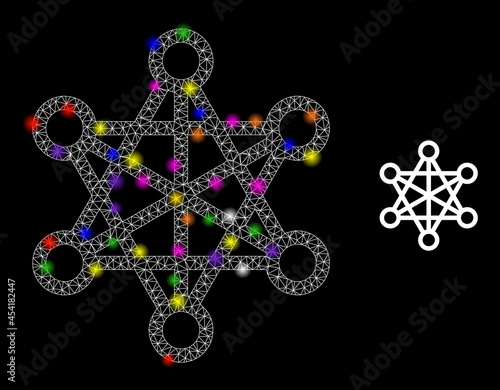 Glossy network star network constellation icon with light spots. Illuminated vector constellation is created from star network icon. Sparkle carcass polygonal star network on a black background.