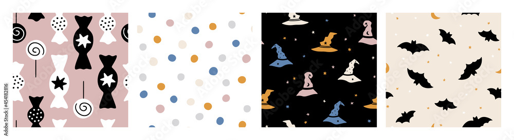 Hand drawn collection of Halloween vector seamless patterns. Ghosts, skulls, bats, pumpkins, candies. Trendy and spooky repeatable background for Halloween and autumn holidays. Flat festive graphics Hand drawn collection of Halloween vector seamless patterns. Ghosts, skulls, bats, pumpkins, candies. Trendy and spooky repeatable background for Halloween and autumn holidays. Flat festive graphics