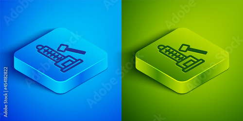 Isometric line High striker attraction with big hammer icon isolated on blue and green background. Attraction for measuring strength. Amusement park. Square button. Vector
