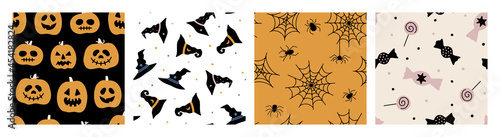 Hand drawn collection of Halloween vector seamless patterns. Ghosts, skulls, bats, pumpkins, candies. Trendy and spooky repeatable background for Halloween and autumn holidays. Flat festive graphics