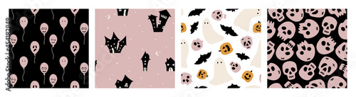 Hand drawn collection of Halloween vector seamless patterns. Ghosts, skulls, bats, pumpkins, candies. Trendy and spooky repeatable background for Halloween and autumn holidays. Flat festive graphics