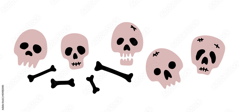 Hand drawn vector Halloween illustration with skulls and bones isolated on white background. Funny and spooky vector elements for Halloween party and autumn holidays. Flat cartoon graphic element