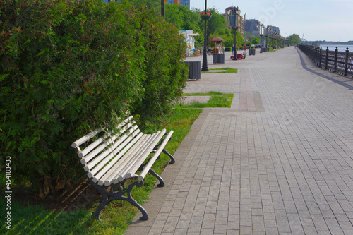 Astrakhan, russia. An empty waterfront bench during a pandemic and quarantine.