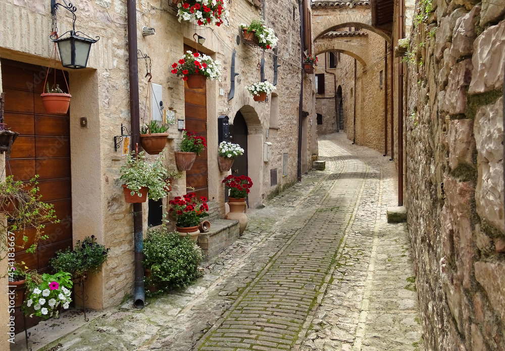 narrow alley in the city of flowers (Spello) in Umbria