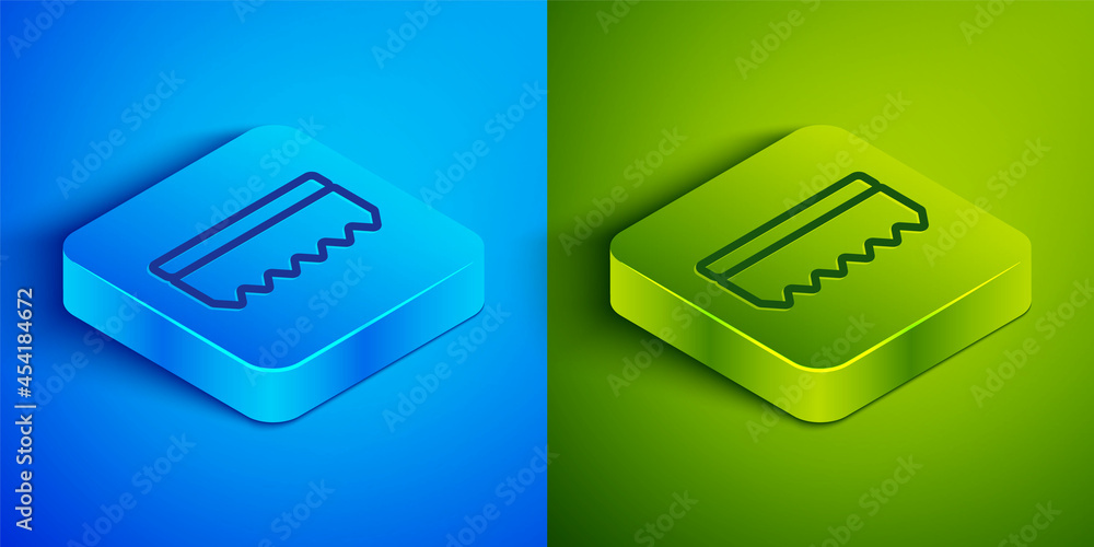 Isometric line Sponge icon isolated on blue and green background. Wisp of bast for washing dishes. Cleaning service logo. Square button. Vector Isometric line Sponge icon isolated on blue and green background. Wisp of bast for washing dishes. Cleaning service logo. Square button. Vector