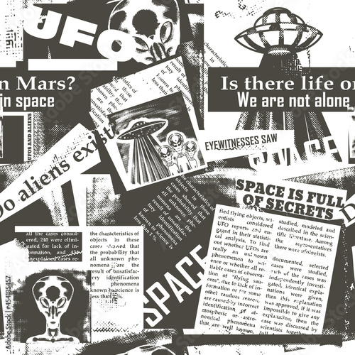 Vintage seamless pattern with a collage of newspaper clippings with articles about UFOs and aliens. Background with old, unreadable text, titles and illustrations on the theme of space.