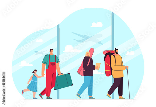 Queue of cartoon people with baggage in airport. Father and daughter, woman and man arriving to destination flat vector illustration. Traveling, vacation concept for website design or landing web page