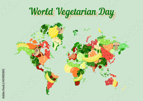 World Vegetarian Day. October 1. World map with fruits and vegetables. Vegetarian Day inscription. Vector poster illustration