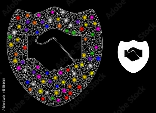 Glowing mesh handshake shield constellation icon with lightspots. Illuminated vector constellation is created from handshake shield icon. Sparkle carcass mesh handshake shield on a black background.