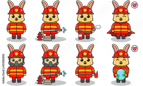 Vector illustration of Rabbit firefighters set. Fire fighter profession with flat design style. Good for icon, label, sticker, clipart.